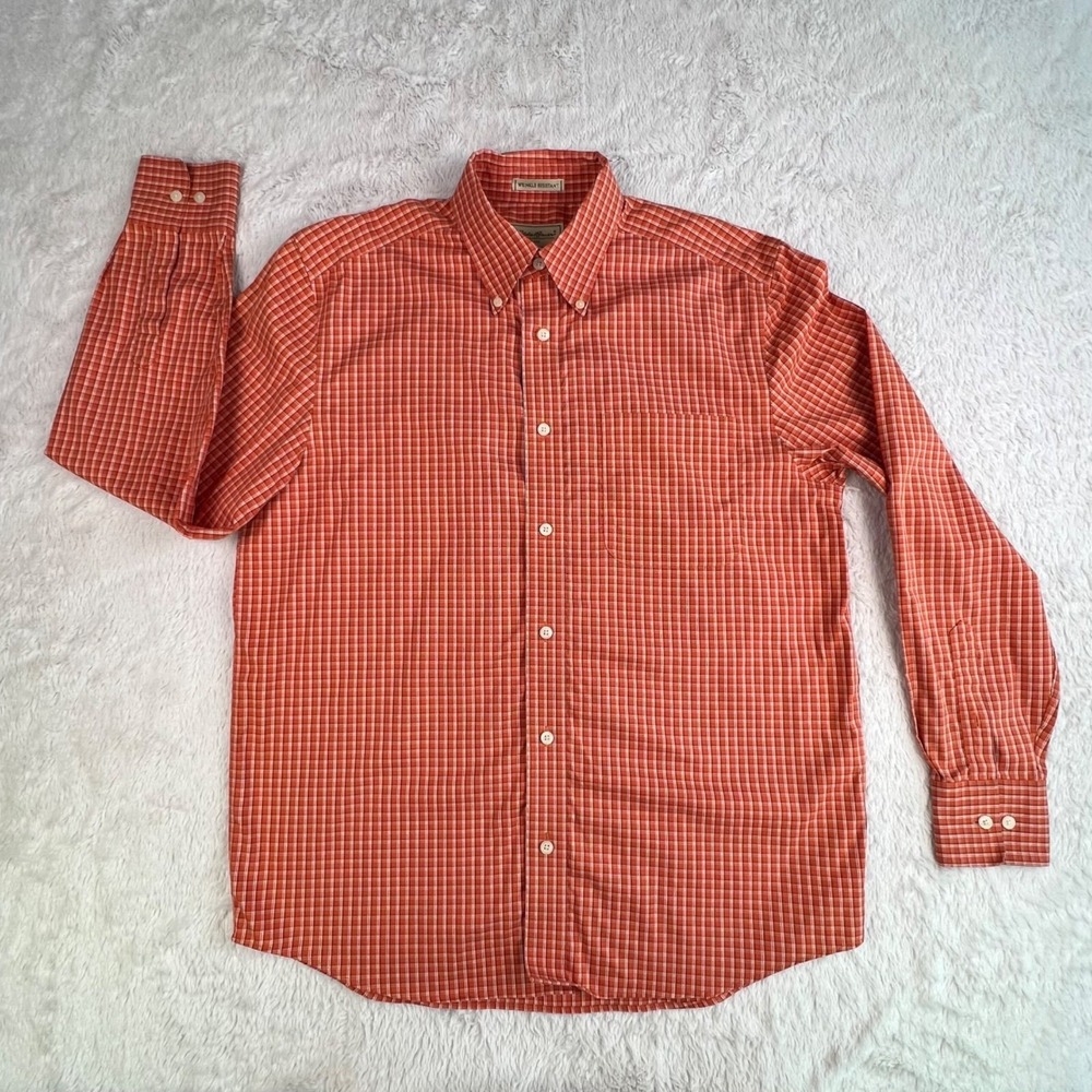 Eddie Bauer Long Sleeve Shirt Men's MEDIUM Orange Plaid Button Down Casual Dress